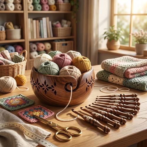 Rosewood Yarn Bowl with 13 Crochet Hooks Set – Handmade Wooden Knitting Bowl Holder with Spiral Slot, Large 7” Yarn Organizer, Complete Crochet Kit for Beginners & Professionals - color: Setof13+CarvedBowl