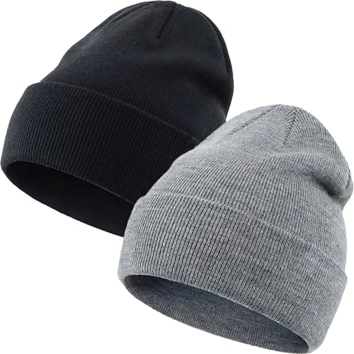 100% Cotton Beanie Hat Winter Hats Women Men Warm Knit Beanies | Double Layer Warmth ,Ultra-Soft Itch-Free Pure Cotton Knitted, Cuffed & Uncuffed Fisherman Slouchy Skull Cap for Womens Mens - color: 2pcs-(black +Lightgrey)
