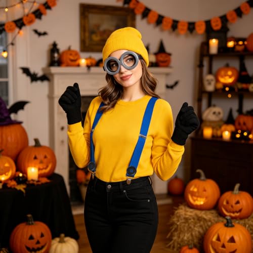 Cartoon Character Costume Accessory Kit Adult Men Women Halloween Costumes | Funny Easy Halloween Costumes Accessories Beanie Hat Goggles Gloves Banana Keychain for Birthday Themed Party Dress Up Set - color: Yellow - 6pcs