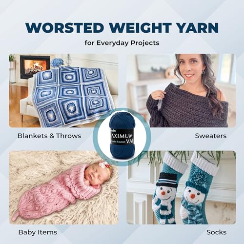 Mary Maxim Maximum Value Acrylic Yarn for Crocheting and Knitting, Soft Worsted Weight Yarn 4, Ideal for Blankets, Sweaters, Hats, and Scarves, 8 oz Skein (474 Yds) (Dark Denim) - color: Dark Denim