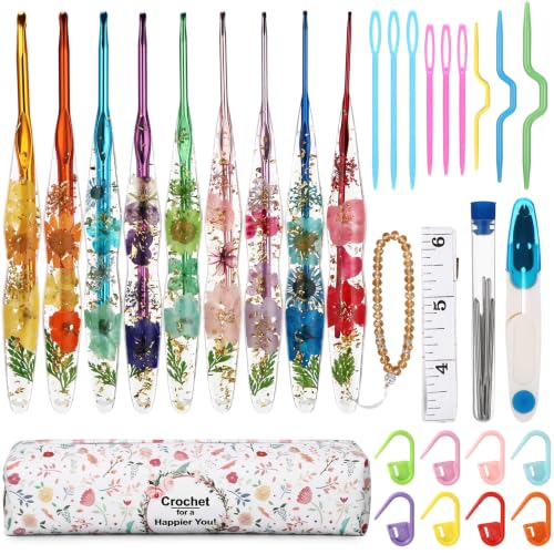 Riceshoot 9 Pcs Crochet Hook Set, 2.0mm-6.0mm Ergonomic Crochet Hooks with Long Floral Handle for Beginners Crocheting Lovers, Includes Storage Bag and Other Accessories (Stylish) - style: Stylish