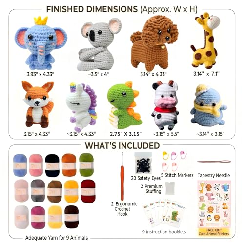 LeRoWen Animal Crochet Kit for Beginners - Makes 9 Animals, DIY Amigurumi Craft Set with Yarn, Hooks & Video Tutorials - Gifts for Beginners, Adults & Craft Lovers