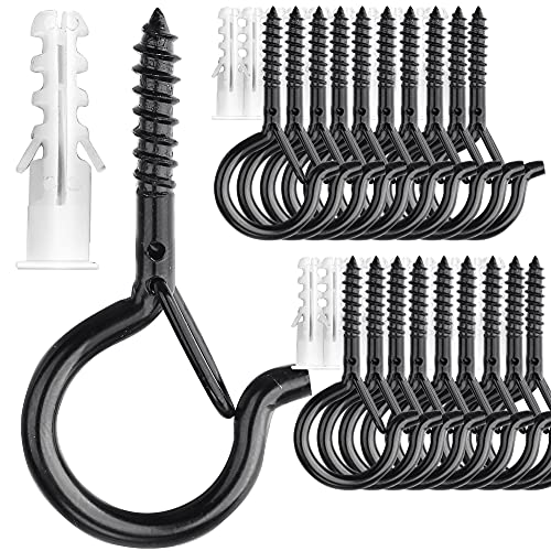 PlusRoc 20 Pack Screw Hooks for Hanging Plants Outdoor Lights(Black) | Christmas Seasonal Lighting, Heavy Duty 2.2 Inch Eye Hook Cup Ceiling Hook Q-Hanger for Patio, Wall Wood Ceiling Deck Mount - color: Black