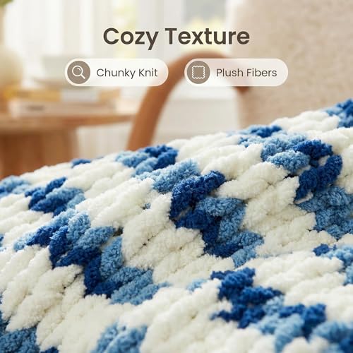 Chunky Knit Throw Blanket for Couch 50"x60", Space-Dyed Blue Striped | Handmade Chenille Crochet Throw for Sofa Bed, Thick Cable Knitted Blankets for Room Home Decor, Birthday Gift for Women - color: Blue/White Stripe, size: 50"x60"