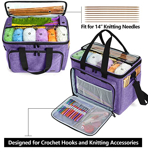 Teamoy Knitting Bag, Yarn Storage Organizer Crochet Bag Tote, Purple | Yarn Holder with Inner Divider(Sewn to Bottom) for Crochet Hook, Knitting Needles(Up to 14"), Project and Crocheting Supplies - color: Purple