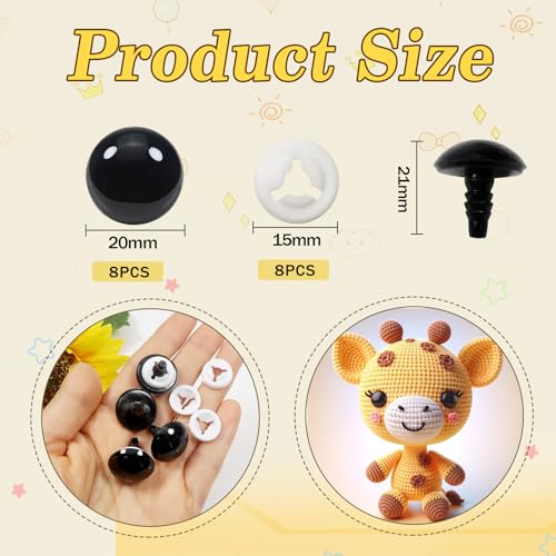 TOAOB 8pcs 20mm Large Safety Eyes for Amigurumis Black Plastic Crafts Doll Eye with Washers for DIY Crochet Stuffed Animals Doll Making Supplies - color: Black, size: 20mm