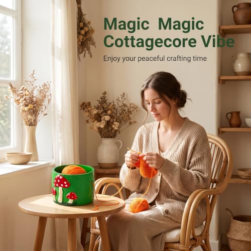 Green Resin Mushroom Yarn Bowl Holder with Dual Holes for Knitting Crochet | Green resin mushroom yarn storage bowl with side outlet holes to keep yarn smooth and tangle-free for knitting and crochet.
