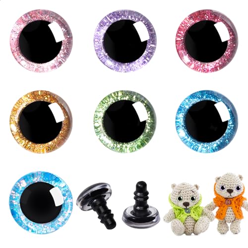 MUCUNNIA 52pcs 35mm 3D Glitter Plastic Safety Eyes for Amigurumi Trapezoid Craft Crochet Doll Eyes with Washers Stuffed Animal Eyes for DIY of Puppet, Bear Plush Animal Halloween Decorations(7 Colors) - size: 35mm