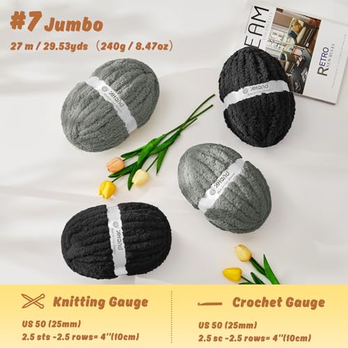 Inhand Chunky Chenille Yarn for Hand Knitting, Thick Bulky Blanket Yarn for Crocheting, Soft Fluffy Yarn for Crochet Gifts & Crafts for Women/Beginners,8 Pack (29.5 yds/8.4 oz Each), Black & Gray-Mix - color: Black & Gray-Mix, size: 8 Pack
