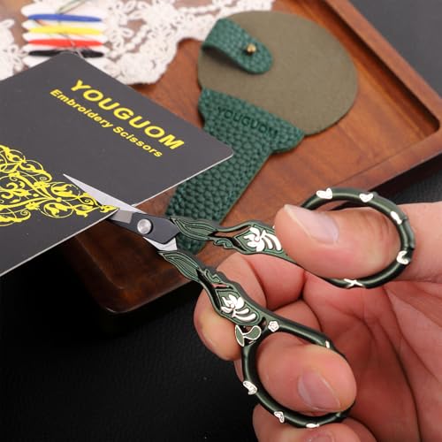 YOUGUOM Crochet Stitch Scissors with Cover, Small Crafting Shears | Vintage, Sharp, for Sewing, Embroidery, Needlework, Knitting, Yarn, Paper, Detail Thread Snips, Mini DIY Tools, Green - color: Golden Green