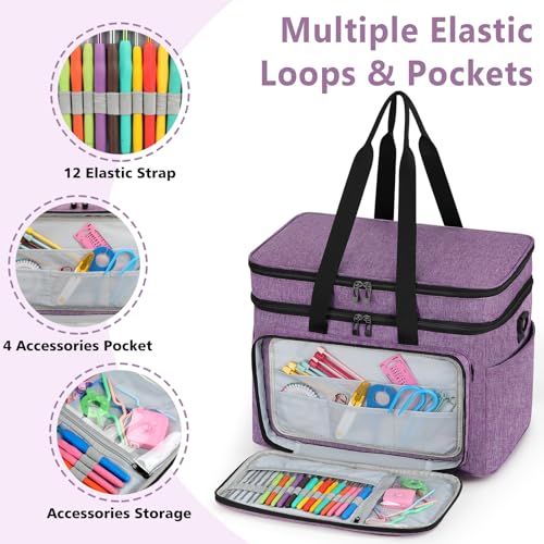 Crochet Organizer Bag with Yarn Holder, Large Yarn Storage for Accessories | 3PCS Crochet Knitting Bag with Accessory Pouch for Hooks, Needles, Travel Tote, Crochet Lovers, Gift for Crafters, No-Tangle - color: Purple