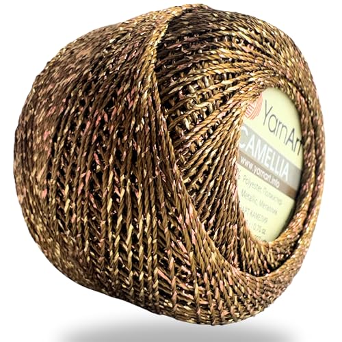 Yarnart Camellia Metallic Shimmer Fine Yarn - 70% Polyester, 30% Metallic, 192m, 20g, Crochet Thread, Lace, Embroidery, Jewelry Making, and Decorative Craft Yarn, 1.25mm Hook (Brown Silver, 20g Skein) - color: Brown Silver, size: 20g Skein