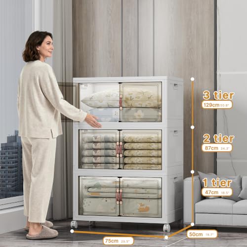 UAMFURI Stackable Storage Bins, 525QT Collapsible Drawers with 1 Lid | Large Capacity, Magnetic Door, Stack Lock, Rolling Wheels, Foldable Design, Organizers and Storage for Bedroom Dorm Garage - color: White-175QT, size: 3Pack with 1 top lid