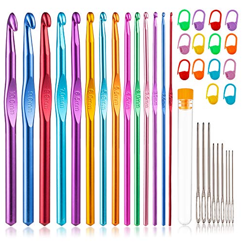 Vodiye 14 Sizes Crochet Hooks Set 2.0–10.0mm, Colorful Metal Crochet Needles, Ergonomic for Comfortable Crocheting - size: 14 Size(2.0-10.0mm)