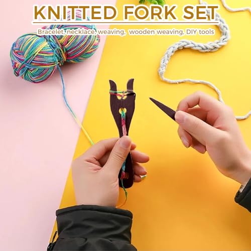 2 Pack Crochet Fork Tool Set, Knitting Fork Nalbinding Needle Kit, Brown | Wooden Weaving Tools for Bracelet Necklace Braided DIY Tools - color: Brown