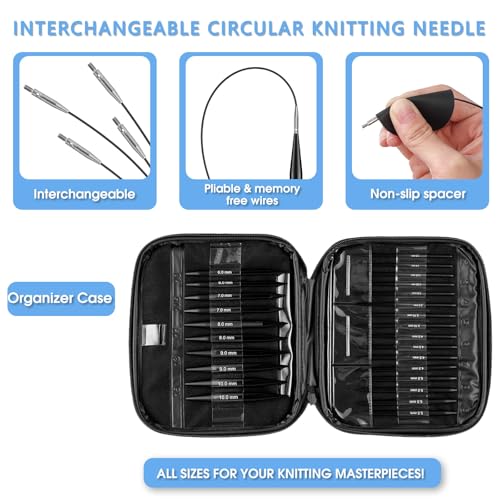 13-Pair Interchangeable Circular Knitting Needles Set, 4" Aluminum US 2.5-15 (3-10mm) with 4 Cables & Accessories | Ideal Gift for Knitters & DIY Projects - color: Black