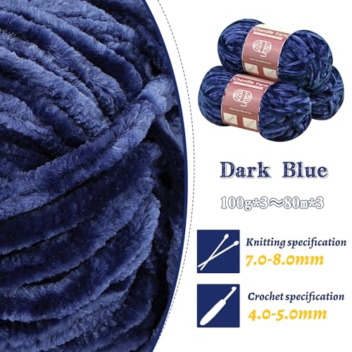 LUNARM Chenille Yarn 3 Pack 3.5oz Chunky Blanket Velvet Yarn 263 Yard | Dark Blue Chunky Chenille Yarn for Beginners Crocheting Hand Knitting Scarves with Big Eye Needles Machine Washable - color: Dark Blue