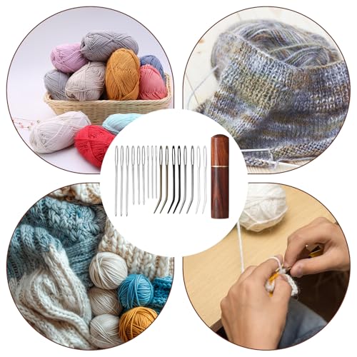 17pcs Large Eye Sewing Needles Kit, Include Curved Tapestry Needle & Straight Blunt Needle Sharp Large-Eye Hand Knitting Needles with Wooden Case for Crochet Projects