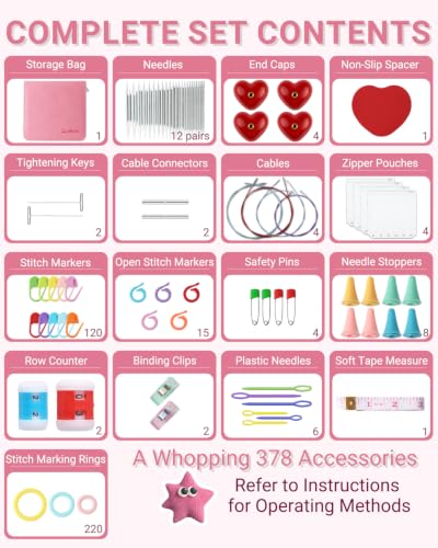 Interchangeable Circular Knitting Needles Set with Stylish PU Binder Organizer Bag 12 Pairs Aluminum Needles & 378 PCS Accessories US Size 4-17 (3.5mm-12mm) Large Needle Sizes