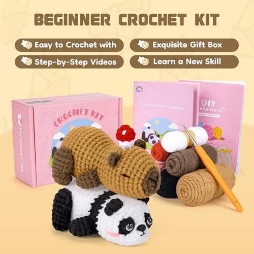 Crochet Kit for Beginners, Panda & Capybara Crochet Animal Kits | Easy Crochet Kit for Adults, Complete Knitting Kit w/ Step-by-Step Video Tutorials, Crochet Gifts - color: White and Brown