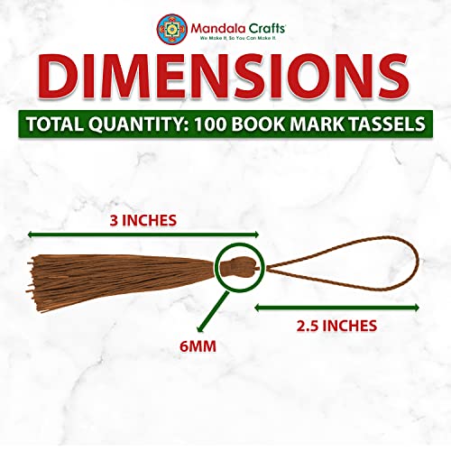 Mandala Crafts 100 Brown Silky Bookmark Tassels with Loops for Crafts | Machine Washable, Polyester Mini Craft Tassels for Jewelry Making, Graduation Decorations, Keychains, Gift Tags & Ornaments - color: Brown, size: 5.5 Inches