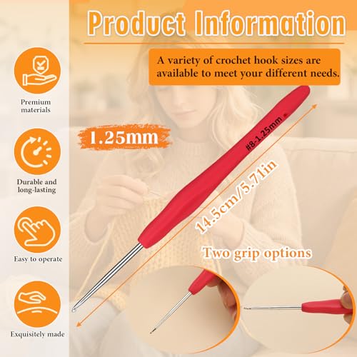 SHWAKK Small Crochet Hook, 1.25 mm Lace Ergonomic Crochet Hook | Tiny Crochet Needles for Arthritic Hands, Knitting Needles with Soft Handle Beginners and Experienced Hobbyists(1.25 mm) - size: 1.25mm