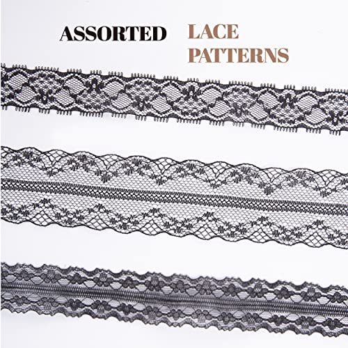 Vitalizart Blace Lace Ribbon Sewing Fabric 3 Rolls Floral Lace Trim 15 Yds | Wooden Spool Fabric Ribbons For Crafts Gift Wrapping Wedding Flower Bouquet Bridal Shower Baby Shower Birthday Hair Bows - color: Black