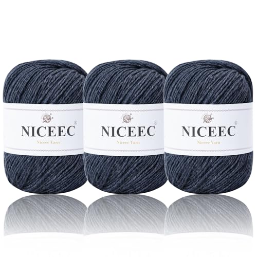 NICEEC 3 Skeins Soft Merino Wool Yarn- Navy Blue | Soft & Warm, Finger Weight, Woolen Yarn for Crochet & Knitting, Total 5.3oz/606yds - color: Navy Blue