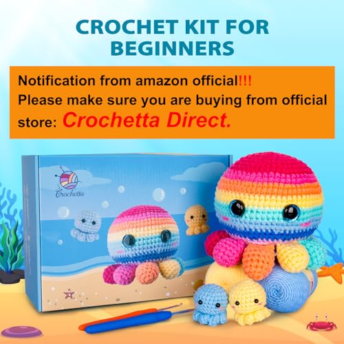 Crochetta Crochet Kit for Beginners, Crochet Kit Step-by-Step Video Tutorials, Crochet Starter Kit Learn to Crochet Kits for Adults Kids Beginners, Jumbo 3 Colorful Octopus Familly (40%+ Yarn Content) - color: Octopus Family