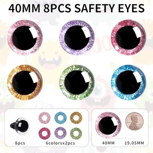 MUCUNNIA 16pcs 40mm 3D Glitter Plastic Safety Eyes for Amigurumi Trapezoid Craft Crochet Doll Eyes with Washers Stuffed Animal Eyes for DIY of Puppet, Bear Plush Animal Halloween Decorations(6 Colors) - size: 40mm