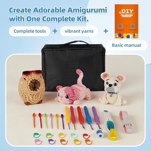 iptek Crochet Kit for Beginners Adults，Crochet Yarn for Beginners, 10colors Total Crochet Yarn Kits with Easy-to -See Stitches，Includes Basic Stitch Guide and extensive amigurumi Video tutorials. - color: black