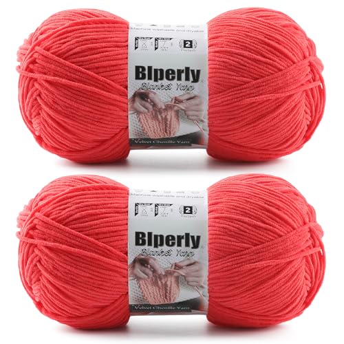 Skinny Chenille Yarn for Crocheting, #2 Red Soft Baby Blanket Fluffy Yarn | 2 Pack of 314 Yds, 3.5 Oz Sport Fingering Weight Fine Yarn, Plush Thin Velvet Yarn for knitting Blankets, Amigurumi Yarns - color: Red