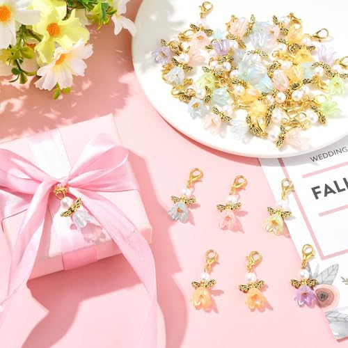 7-70Pcs Angel Wing Pendants Charms Miexed Color Acrylic Beads Charms Golden Dangle Pendants with Lobster Claw Clasps for Necklaces Bracelets Earrings Jewelry Making and Crafting - color: FlowerA-70 pcs