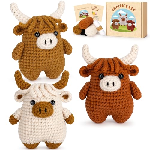 Fortuning's JDS Crochet Kit for Beginners - Crochet Highland Cow Beginner Crochet Kit for Adults, Complete Scottish Cow Crochet Animal Kits, Easy Crocheting Knitting Starter Kits Gifts - color: Brown Highland Cow