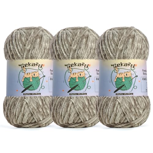 3 Pack of 300g (590yds) Fuzzy Chenille Yarn for Crocheting,Fluffy Amigurumi Crochet Yarn for DIY Craft/Hat/Clothes, Soft Velvet Baby Blanket Yarns（3 Silver Gray） - color: 3 Silver Gray