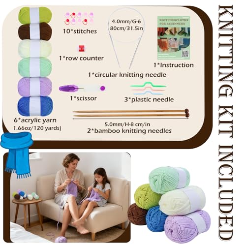 Lewhoo Knitting Kit for Beginners, 6 Patterns Dishcloth Learn to Knit Kit | Step-by-Step Instruction,Complete Knit Starter Kit -Including Yarn, Knitting Needle&Accessories
