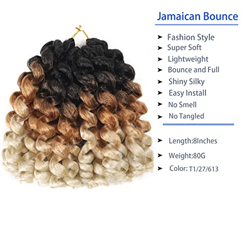 Jamaican Bounce Crochet Hair Extensions 8 inch Ringlet Wand Curl Crochet Hair 3 Tone Blonde Ombre Curly Crochet Braids Grey Crochet Braiding Hair 60 Roots - color: T1/27/613, size: 8 Inch (Pack of 3)