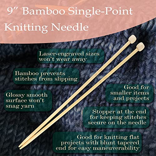 JubileeYarn 9" Single Point Bamboo Knitting Needles Set | 15 Sizes: 2mm-10mm | Carbonized Brown - color: Carbonized Brown, size: 9" 15pc Standard Set
