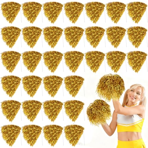 Vinsot 40 Pcs Cheerleading Pom Poms Bulk, Metallic Foil School Spirit Shakers Cheer Pom Poms with Plastic Long Handle for Soccer Basketball Sport Dance Team Squads Fan Celebration - color: Gold