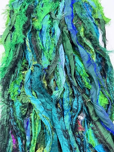 Maker's Craft Recycled Fuzzy Fringes Sari Silk Ribbon Yarn 35yards, 100Grams for DIY Knitting Crocheting Gift Wrapping, Christmas Decoration, Macrame Makers, Jewelry Making, Rugs Hooking (Green) - color: Green