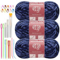 LUNARM Chenille Yarn 3 Pack 3.5oz Chunky Blanket Velvet Yarn 263 Yard | Dark Blue Chunky Chenille Yarn for Beginners Crocheting Hand Knitting Scarves with Big Eye Needles Machine Washable - color: Dark Blue
