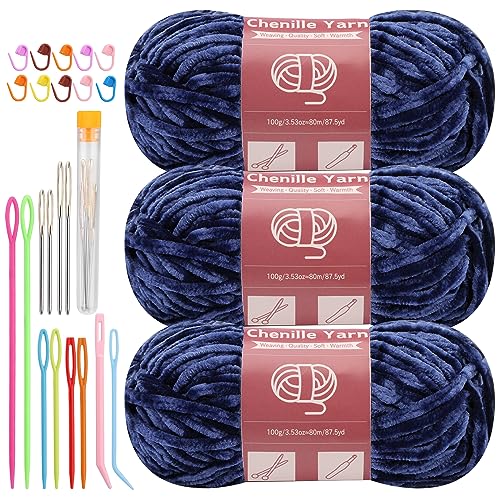 LUNARM Chenille Yarn 3 Pack 3.5oz Chunky Blanket Velvet Yarn 263 Yard | Dark Blue Chunky Chenille Yarn for Beginners Crocheting Hand Knitting Scarves with Big Eye Needles Machine Washable - color: Dark Blue