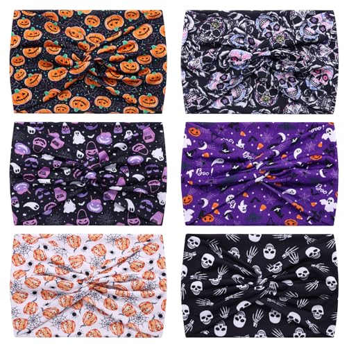 HAUHC 6 Pack Halloween Headbands for Women Hair Bands Skull Headbands Pumpkin Bat Wide Holiday Hair Bands, Holiday Gift Hair Accessories - color: 6PCS Printing