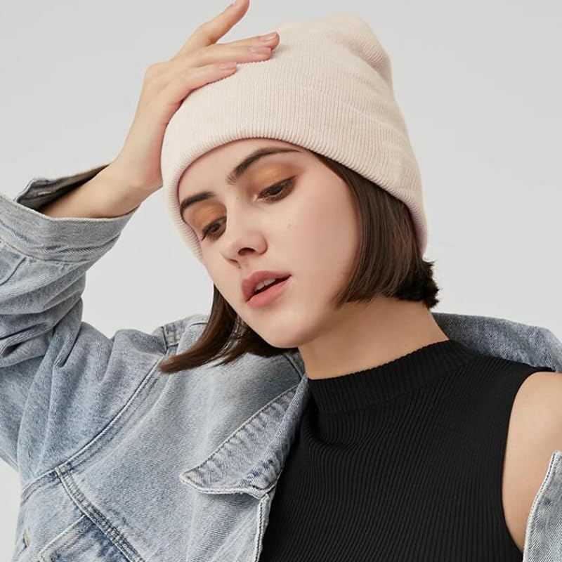 100% Cotton Beanie Hat Winter Hats Women Men Warm Knit Beanies | Double Layer Warmth ,Ultra-Soft Itch-Free Pure Cotton Knitted, Cuffed & Uncuffed Fisherman Slouchy Skull Cap for Womens Mens - color: 2pcs-(black + Beige)