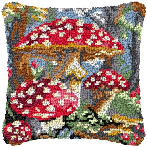 Mushrooms Latch Hook Pillow Kits for Adults Beginners Pre-Printed Cushion | Home Sofa Cushion Cover Preprinted Canvas Crochet Yarn Kits Needlework Crafts Festival Gift for Adults Beginner 17X17 Inch - color: Mushrooms