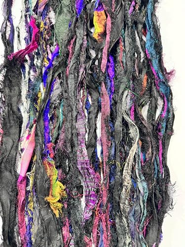Maker's Craft Recycled Fuzzy Fringes Sari Silk Ribbon Yarn 35yards, 100Grams for DIY Knitting Crocheting Gift Wrapping, Christmas Decoration, Macrame Makers, Jewelry Making, Rugs Hooking (Black) - color: Black