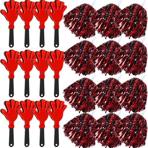 24 Pcs Cheerleading Pom Poms and Hand Clappers Noisemakers Set for Team Spirit Items Sporting Events Football Baseball Cheering Essentials Party Favors Dance - color: Red and Black