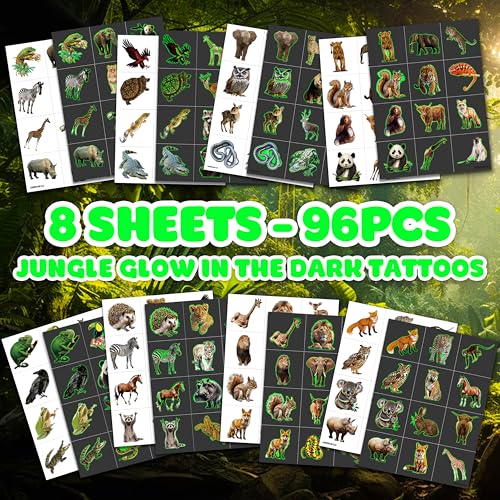 96 PCS Glow In The Dark Realistic Jungle Animal Temporary Tattoos - color: Luminous