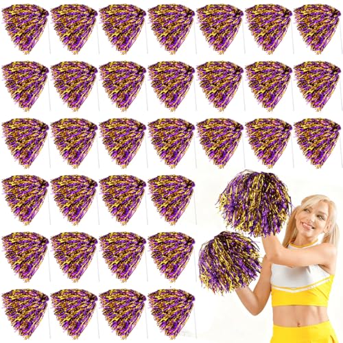 Vinsot 40 Pcs Cheerleading Pom Poms Bulk, Metallic Foil School Spirit Shakers Cheer Pom Poms with Plastic Long Handle for Soccer Basketball Sport Dance Team Squads Fan Celebration - color: Purple Gold Mix