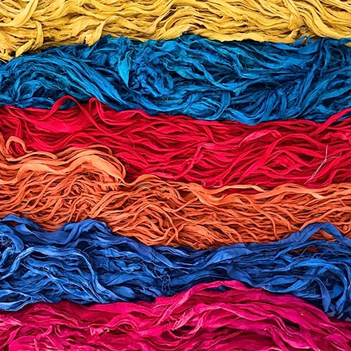 100% Recycled Saree (Sari) Silk Ribbon Yarn - Bulky Weight - 50 Yards per 100 Grams | Knitting & Crocheting | Jewelry Making, Gift Wrapping and Weaving (Maroon & Reds Mix) - color: Pink Pather